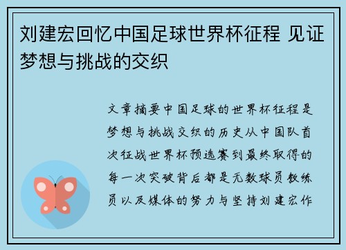 刘建宏回忆中国足球世界杯征程 见证梦想与挑战的交织