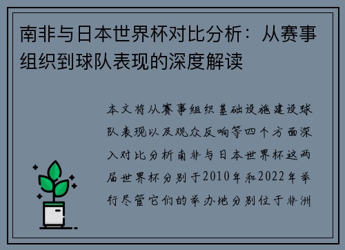 南非与日本世界杯对比分析：从赛事组织到球队表现的深度解读