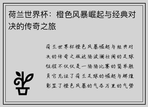 荷兰世界杯：橙色风暴崛起与经典对决的传奇之旅